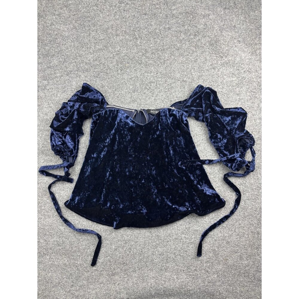 DO+BE Blouse Womens XS Navy Blue Velvet Off Shoulder Long Ruched Puff‎ Sleeve